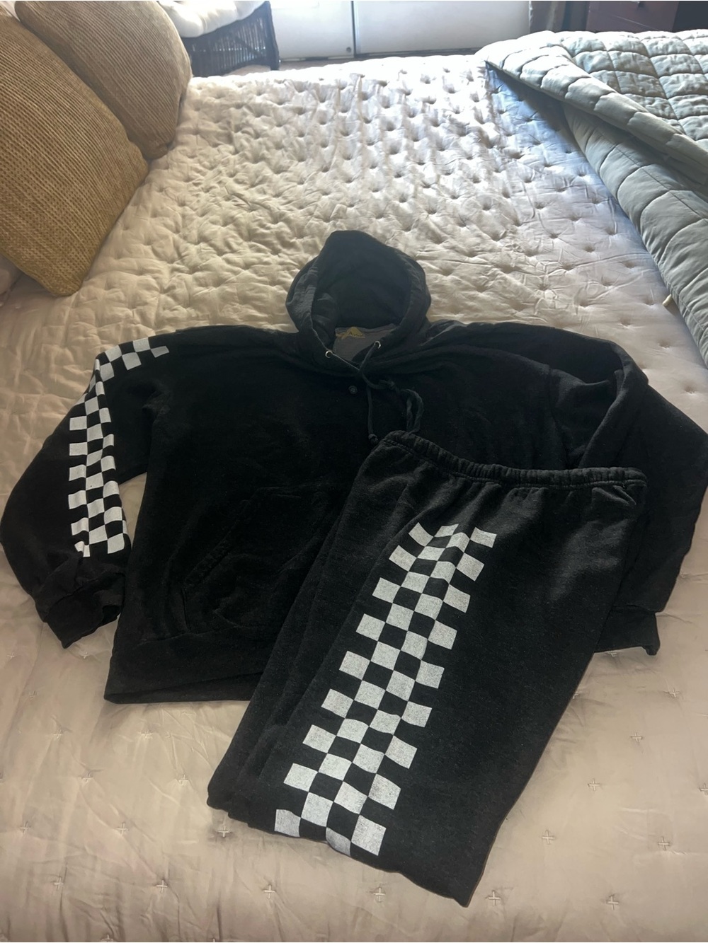 Aviator Nation Black Hoodie & Sweatpants Set with White Checkerboard Size Medium